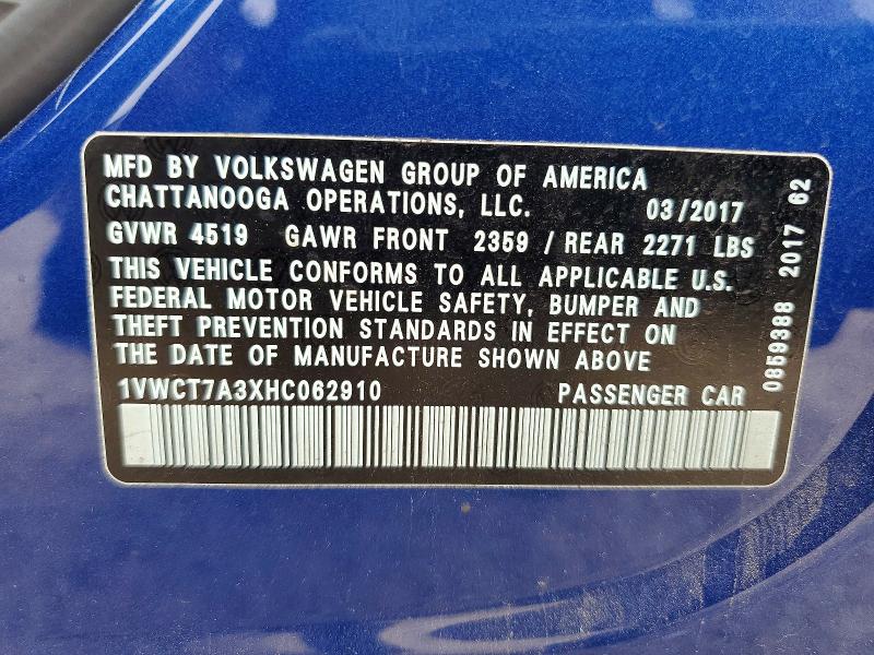 52417866 :رقم المزاد ، 1VWCT7A3XHC062910 vin ، 2017 Volkswagen Passat مزاد بيع