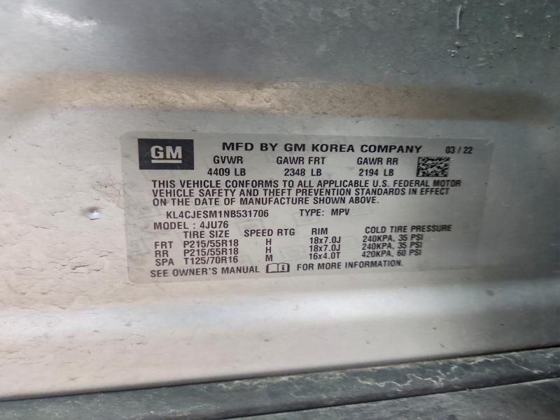 51857656 :رقم المزاد ، KL4CJESM1NB531706 vin ، 2022 Buick Encore مزاد بيع