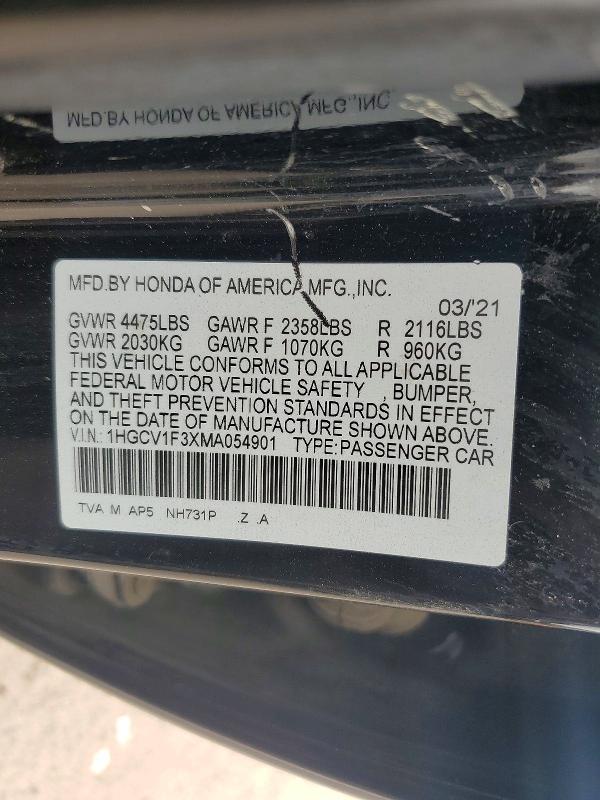 Продажа на аукционе авто 2021 Honda Accord, vin: 1HGCV1F3XMA054901, номер лота: 53331376