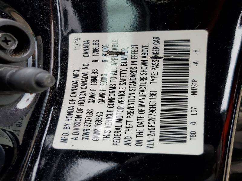 54107776 :رقم المزاد ، 2HGFC2F79GH511361 vin ، 2016 Honda Civic مزاد بيع