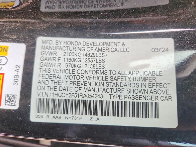 2024 Honda Accord მანქანა იყიდება აუქციონზე, vin: 1HGCY2F51RA054243, აუქციონის ნომერი: 53525226