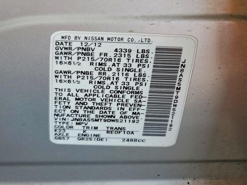 52329316 :رقم المزاد ، JN8AS5MT9DW521192 vin ، 2013 Nissan Rogue مزاد بيع