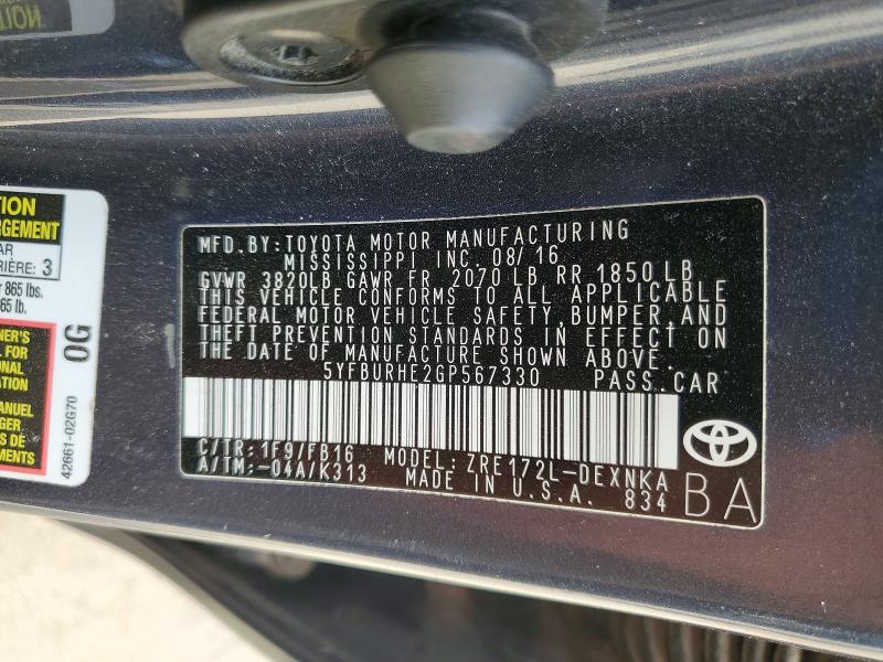 Продаж на аукціоні авто 2016 Toyota Corolla, vin: 5YFBURHE2GP567330, номер лоту: 53584886