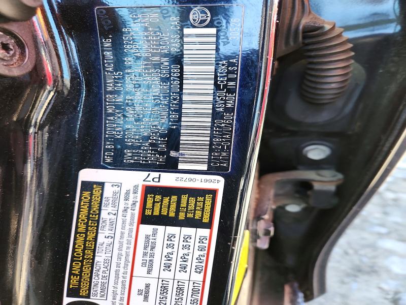 52699406 :رقم المزاد ، 4T1BF1FK3FU067680 vin ، 2015 Toyt Camry مزاد بيع