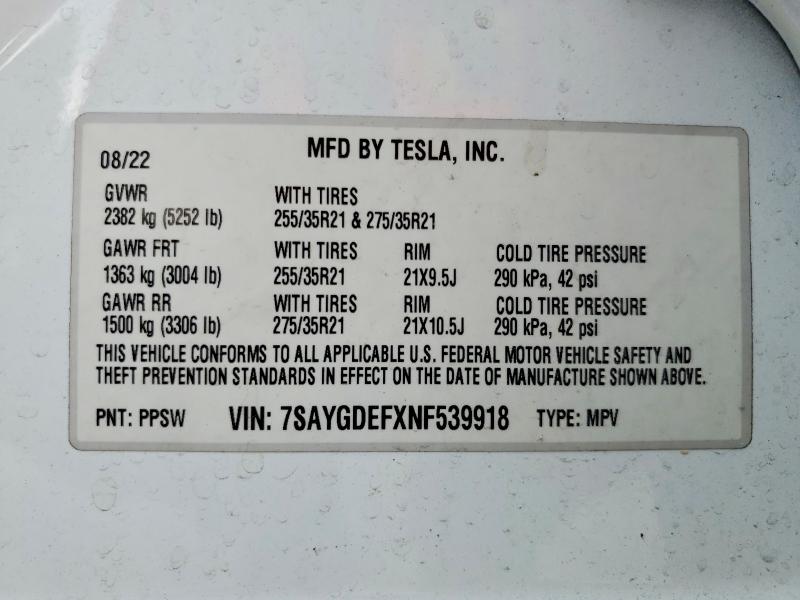 55432786 :رقم المزاد ، 7SAYGDEFXNF539918 vin ، 2022 Tesla Model Y مزاد بيع