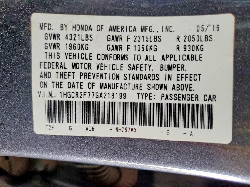 2016 Honda Accord მანქანა იყიდება აუქციონზე, vin: 1HGCR2F77GA218199, აუქციონის ნომერი: 51312076