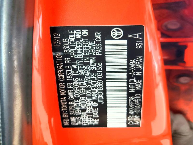 Aukcja sprzedaży 2013 Toyota Prius C, vin: JTDKDTB38D1031566, numer aukcji: 54938526