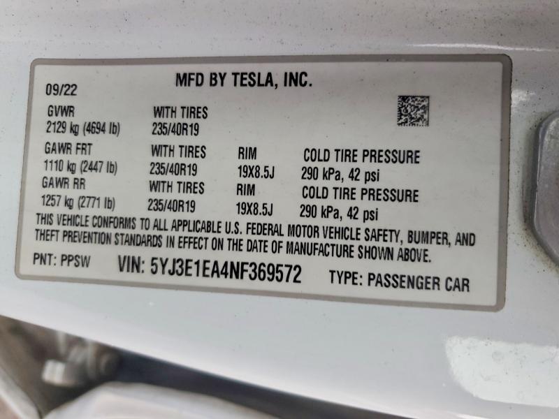 2022 Tesla Model 3 მანქანა იყიდება აუქციონზე, vin: 5YJ3E1EA4NF369572, აუქციონის ნომერი: 53660966