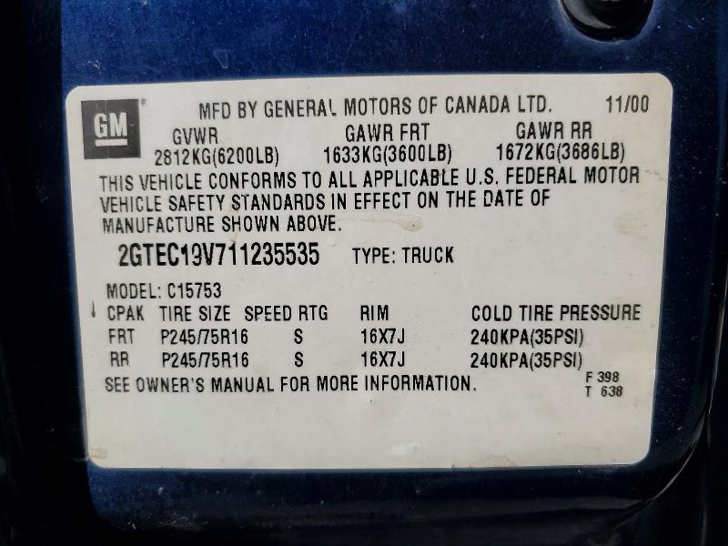 54107526 :رقم المزاد ، 2GTEC19V711235535 vin ، 2001 Gmc New Sierra مزاد بيع
