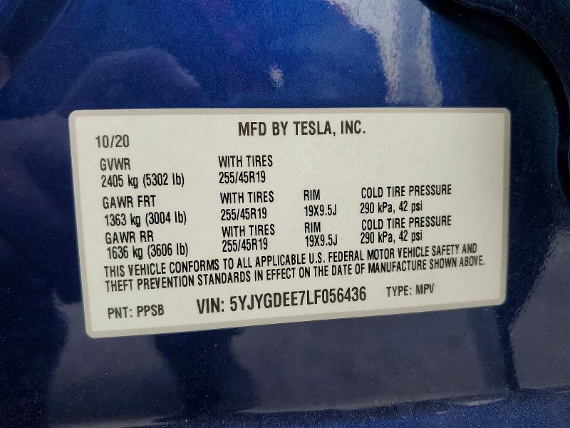 51812576 :رقم المزاد ، 5YJYGDEE7LF056436 vin ، 2020 Tesla Model Y مزاد بيع