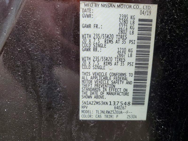 2019 Nissan Murano მანქანა იყიდება აუქციონზე, vin: 5N1AZ2MS3KN137548, აუქციონის ნომერი: 52847606
