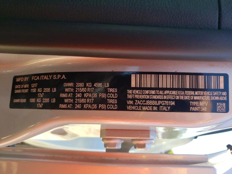 2018 Jeep Renegade მანქანა იყიდება აუქციონზე, vin: ZACCJBBB8JPG76194, აუქციონის ნომერი: 53701966