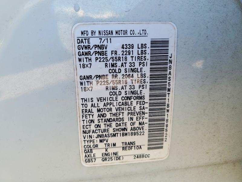 54061676 :رقم المزاد ، JN8AS5MT1BW189522 vin ، 2011 Nissan Rogue مزاد بيع
