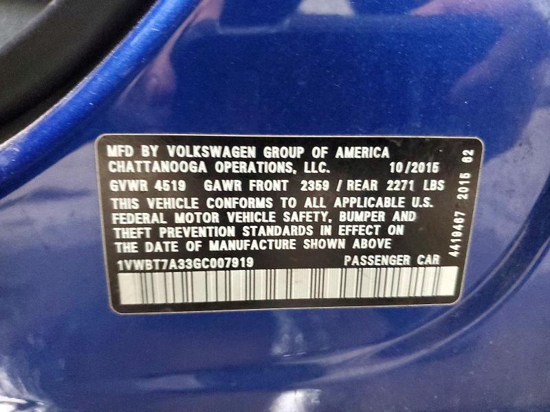 52197616 :رقم المزاد ، 1VWBT7A33GC007919 vin ، 2016 Volkswagen Passat مزاد بيع