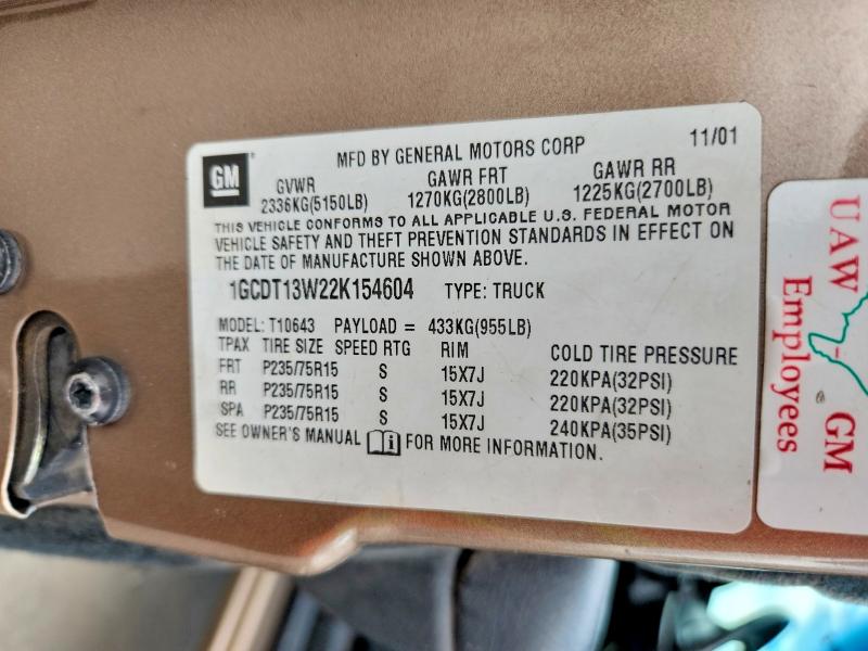 2002 Chevrolet S Truck მანქანა იყიდება აუქციონზე, vin: 1GCDT13W22K154604, აუქციონის ნომერი: 53290326