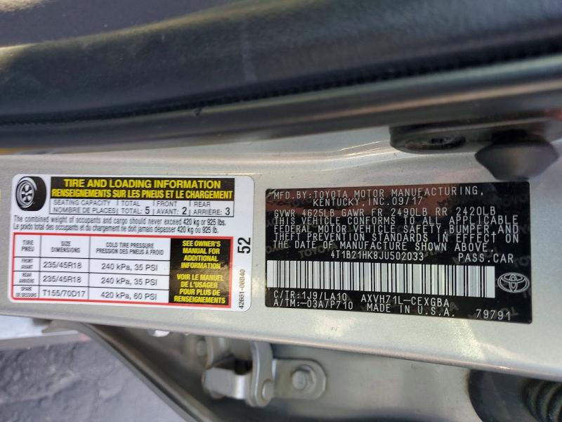 52667296 :رقم المزاد ، 4T1B21HK8JU502033 vin ، 2018 Toyota Camry Hybrid مزاد بيع