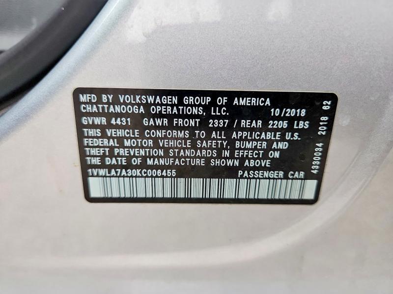 Продаж на аукціоні авто 2019 Volkswagen Passat, vin: 1VWLA7A30KC006455, номер лоту: 55641606