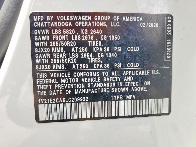 2020 Volkswagen Atlas Cross Sport მანქანა იყიდება აუქციონზე, vin: 1V21E2CA5LC209922, აუქციონის ნომერი: 54465466