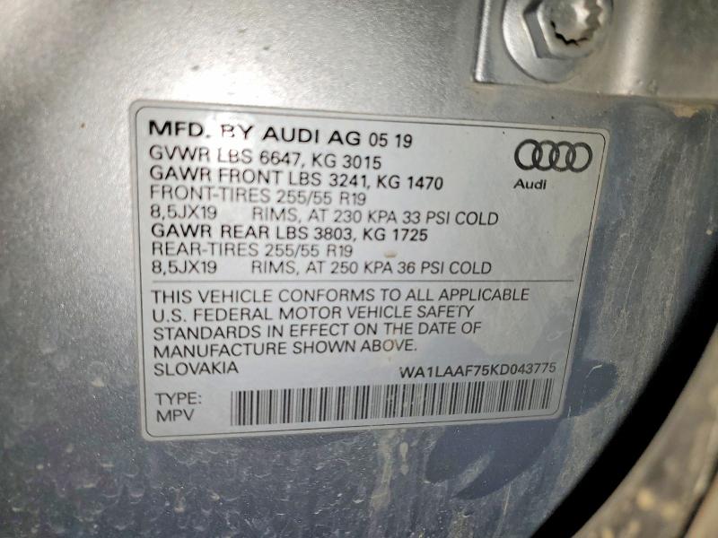 52088256 :رقم المزاد ، WA1LAAF75KD043775 vin ، 2019 Audi Q7 مزاد بيع