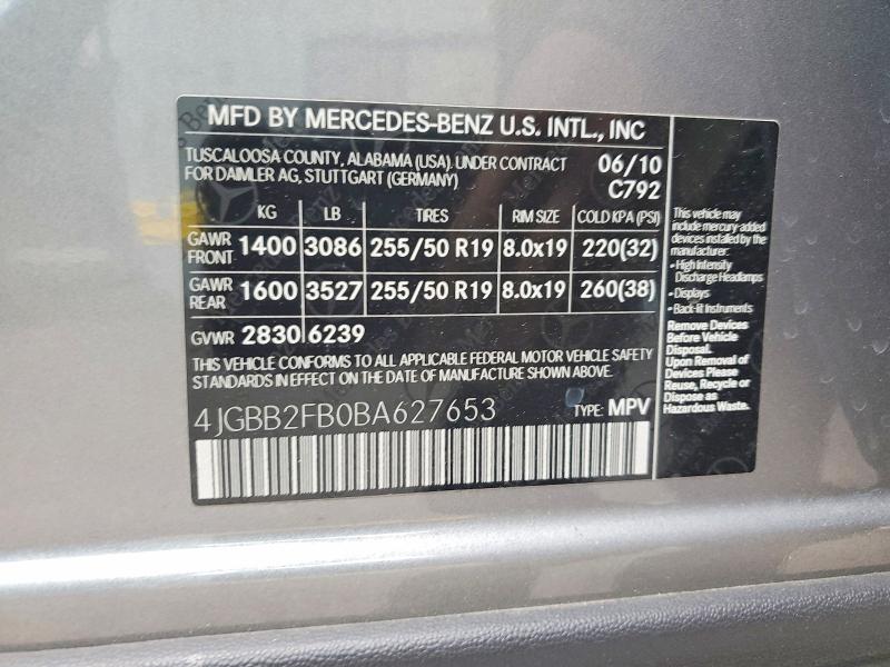 52474216 :رقم المزاد ، 4JGBB2FB0BA627653 vin ، 2011 Mercedes-benz Ml مزاد بيع