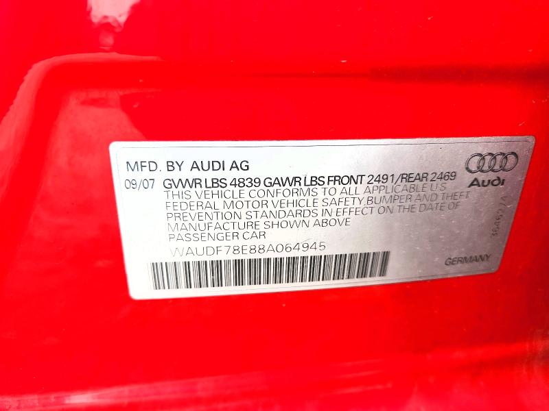 2008 Audi A4 მანქანა იყიდება აუქციონზე, vin: WAUDF78E88A064945, აუქციონის ნომერი: 52408916