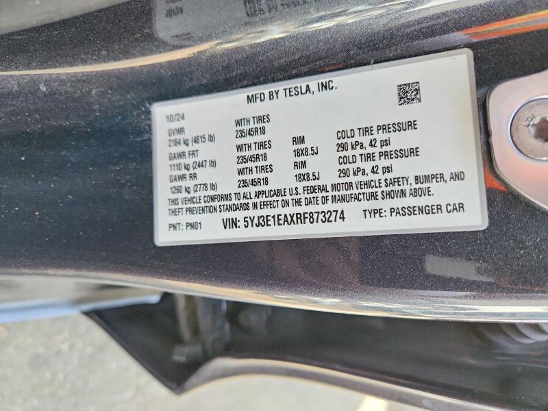 2024 Tesla Model 3 მანქანა იყიდება აუქციონზე, vin: 5YJ3E1EAXRF873274, აუქციონის ნომერი: 53440736