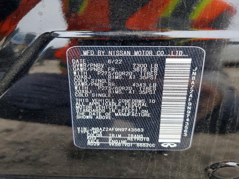 53016576 :رقم المزاد ، JN8AZ2AF9N9743563 vin ، 2022 Infiniti Qx80 مزاد بيع