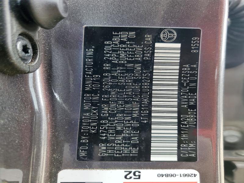 Продаж на аукціоні авто 2020 Toyota Camry, vin: 4T1G11AK0LU882751, номер лоту: 52835946