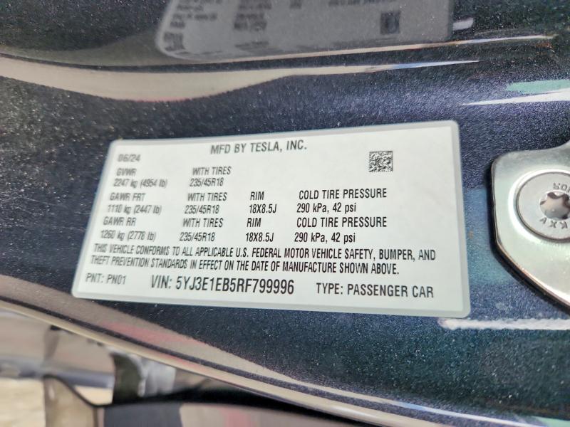 2024 Tesla Model 3 მანქანა იყიდება აუქციონზე, vin: 5YJ3E1EB5RF799996, აუქციონის ნომერი: 52483796