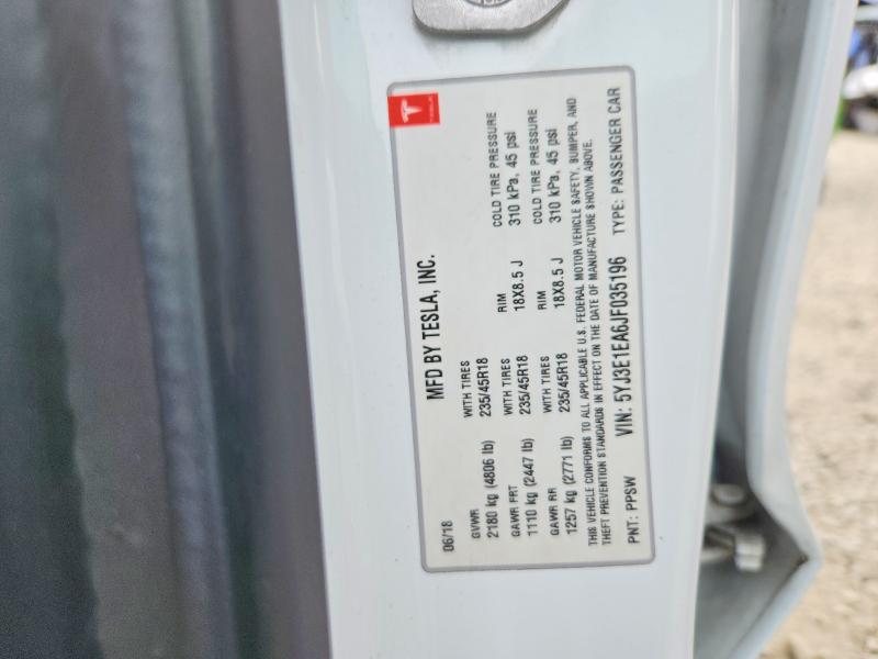 2018 Tesla Model 3 მანქანა იყიდება აუქციონზე, vin: 5YJ3E1EA6JF035196, აუქციონის ნომერი: 50780036