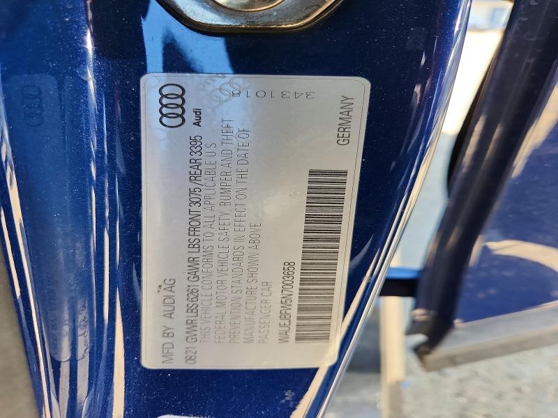 2022 Audi E-tron Gt მანქანა იყიდება აუქციონზე, vin: WAUEJBFW5N7003658, აუქციონის ნომერი: 53896276
