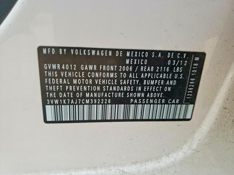 Продажа на аукционе авто 2012 Volkswagen Jetta, vin: 3VW1K7AJ7CM392228, номер лота: 52622726