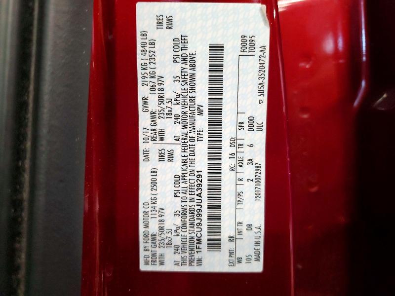 53520046 :رقم المزاد ، 1FMCU9J99JUA39291 vin ، 2018 Ford Escape مزاد بيع
