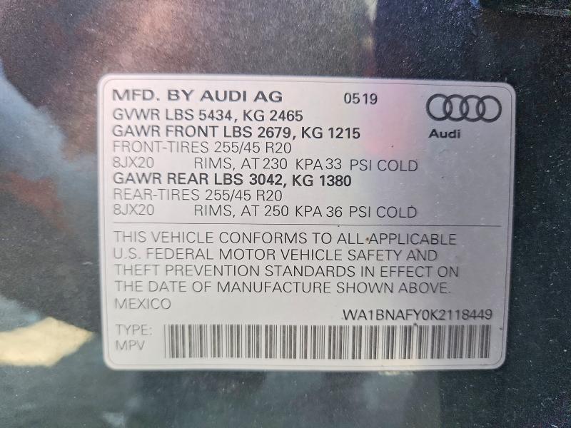2019 Audi Q5 მანქანა იყიდება აუქციონზე, vin: WA1BNAFY0K2118449, აუქციონის ნომერი: 51767706