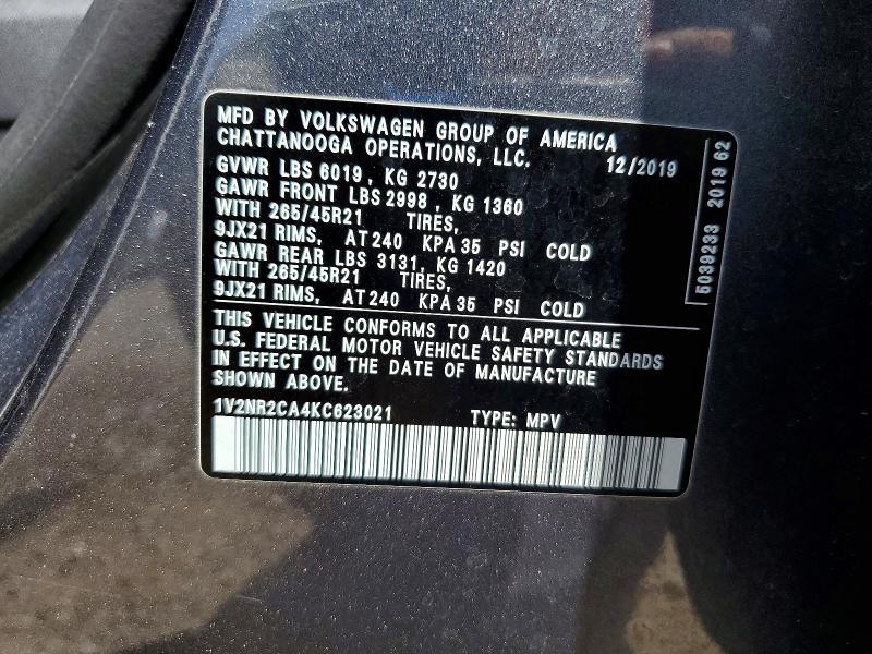 53543486 :رقم المزاد ، 1V2NR2CA4KC623021 vin ، 2019 Volkswagen Atlas مزاد بيع