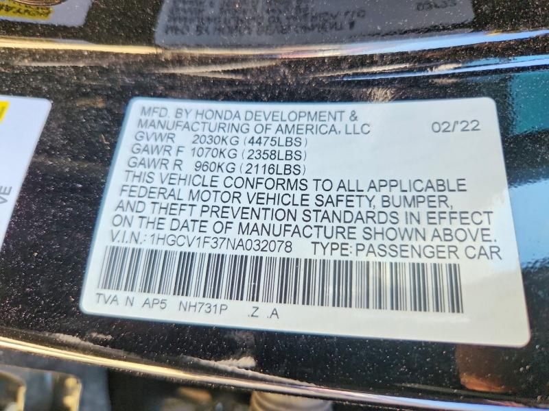 2022 Honda Accord მანქანა იყიდება აუქციონზე, vin: 1HGCV1F37NA032078, აუქციონის ნომერი: 54190416