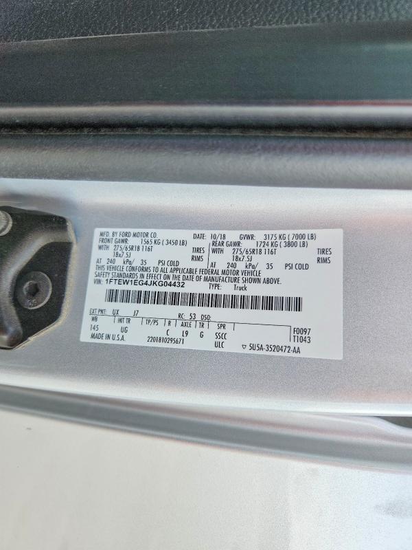 2018 Ford F150 მანქანა იყიდება აუქციონზე, vin: 1FTEW1EG4JKG04432, აუქციონის ნომერი: 53325676