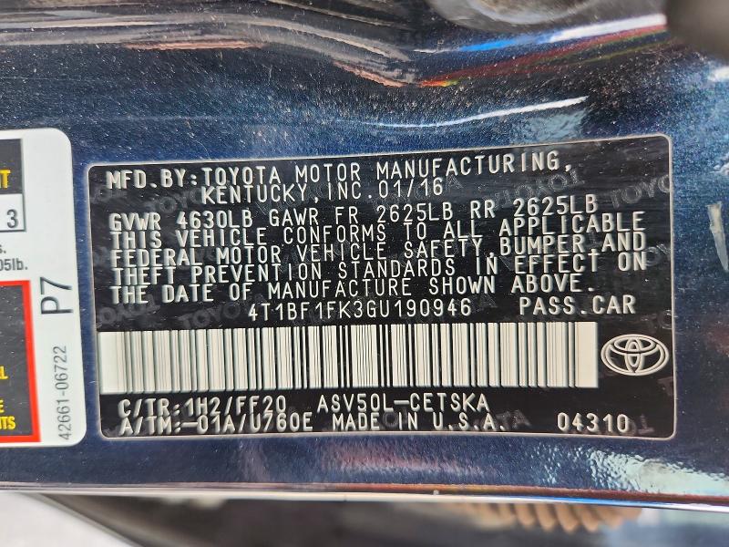 Aukcja sprzedaży 2016 Toyota Camry, vin: 4T1BF1FK3GU190946, numer aukcji: 54021816