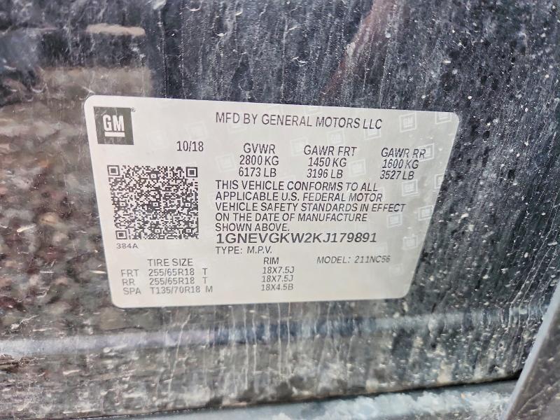 52771796 :رقم المزاد ، 1GNEVGKW2KJ179891 vin ، 2019 Chevrolet Traverse مزاد بيع
