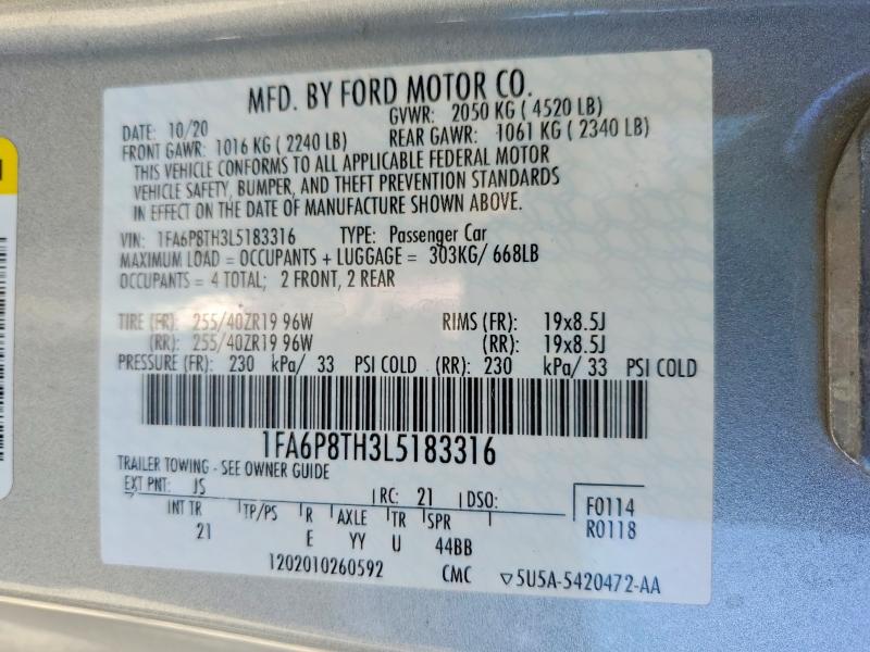52749336 :رقم المزاد ، 1FA6P8TH3L5183316 vin ، 2020 Ford Mustang مزاد بيع