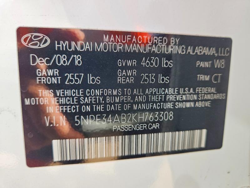 2019 Hyundai Sonata მანქანა იყიდება აუქციონზე, vin: 5NPE34AB2KH763308, აუქციონის ნომერი: 54816296