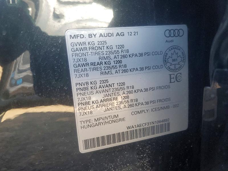 2022 Audi Q3 მანქანა იყიდება აუქციონზე, vin: WA1AECF31N1064892, აუქციონის ნომერი: 49839296