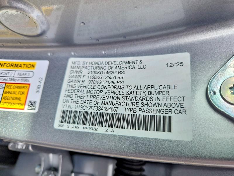 Продаж на аукціоні авто 2025 Honda Accord, vin: 1HGCY2F53SA094667, номер лоту: 52382996