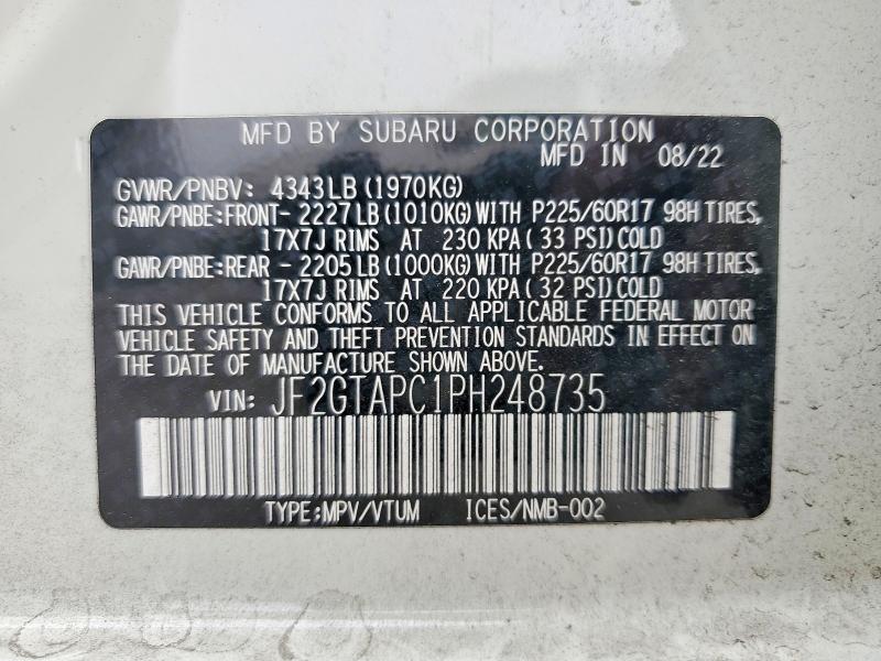Продажа на аукционе авто 2023 Subaru Crosstrek, vin: JF2GTAPC1PH248735, номер лота: 53287446