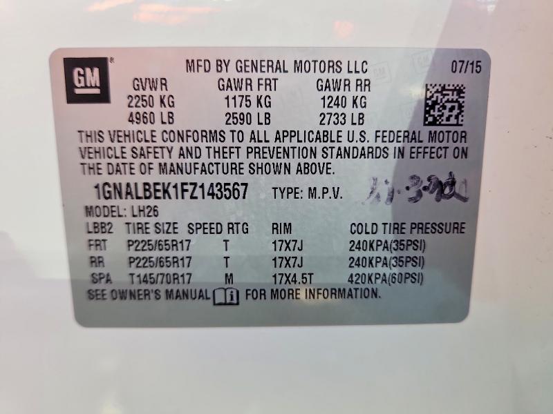 Aukcja sprzedaży 2015 Chevrolet Equinox, vin: 1GNALBEK1FZ143567, numer aukcji: 52598846