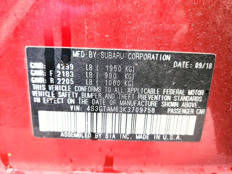 Продаж на аукціоні авто 2019 Subaru Impreza, vin: 4S3GTAM63K3709758, номер лоту: 53651496