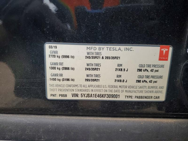 2019 Tesla Model S მანქანა იყიდება აუქციონზე, vin: 5YJSA1E46KF309001, აუქციონის ნომერი: 52382566