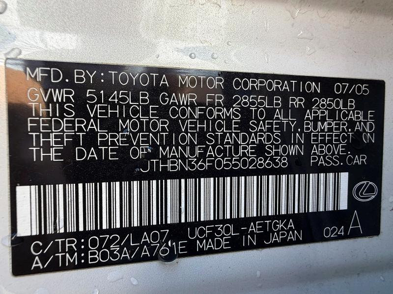 2005 Lexus Ls მანქანა იყიდება აუქციონზე, vin: JTHBN36F055028638, აუქციონის ნომერი: 55593506