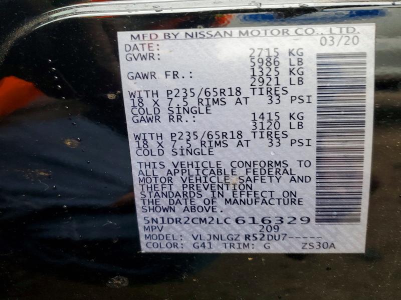 52579756 :رقم المزاد ، 5N1DR2CM2LC616329 vin ، 2020 Nissan Pathfinder مزاد بيع