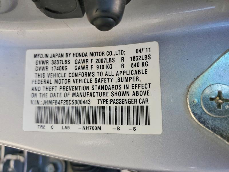 2012 Honda Civic მანქანა იყიდება აუქციონზე, vin: JHMFB4F25CS000443, აუქციონის ნომერი: 54086516